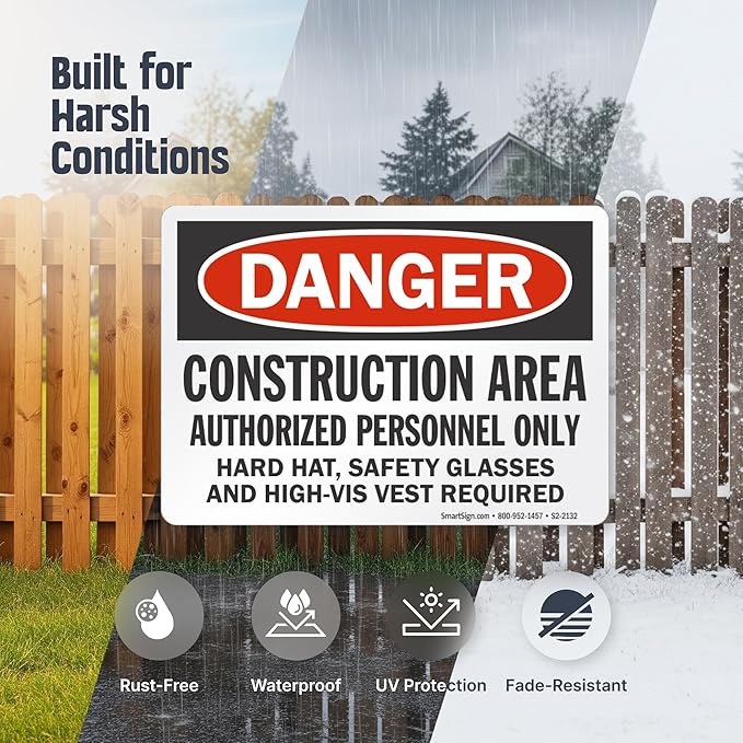 SmartSign - S-8968-AL-14 "Danger - Construction Area, Authorized Personnel Only" Sign | 10" x 14" Aluminum Black/Red on White