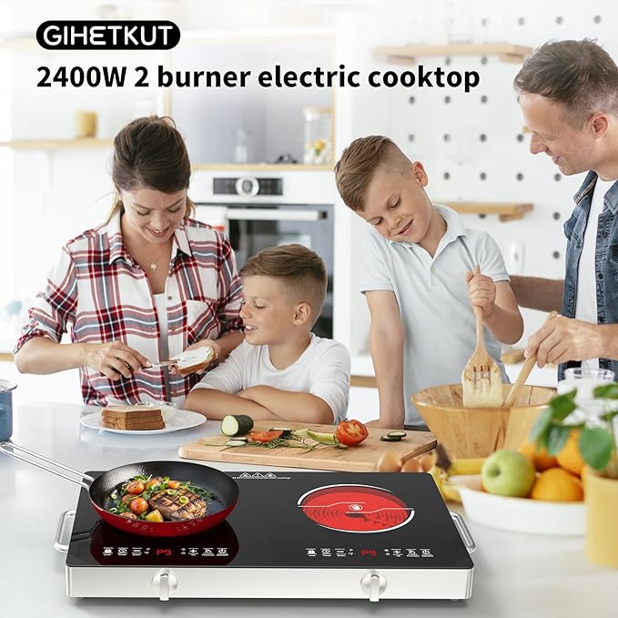 Electric Cooktop,110V 2400W Stove top, Countertop Cooktop with 9 Power Levels, LED Display,Child Safety Lock, Timer,Knob and Touch Control 2 burner Electric cooktop