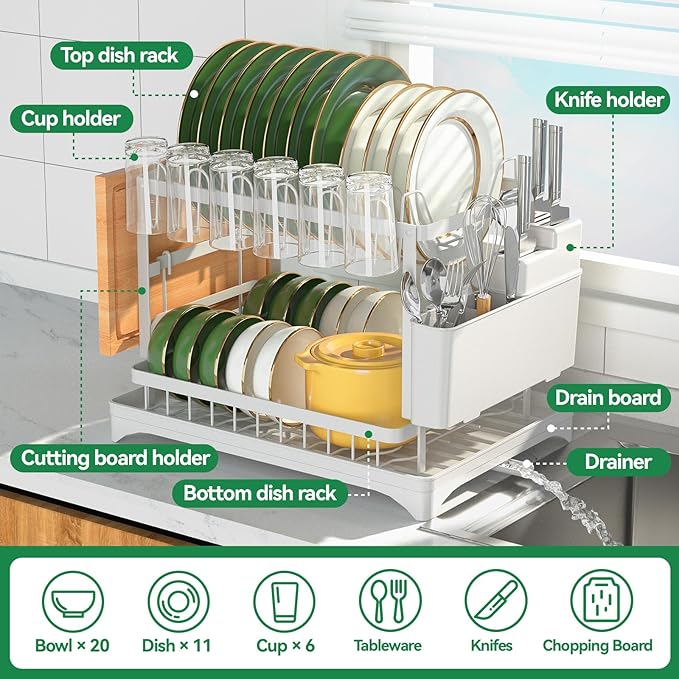 2-Tier Dish Drying Rack with Drainboard, Sink & Countertop Metal Dish Rack Organizer, Dish Drainers for Kitchen Counter, White Dish Racks