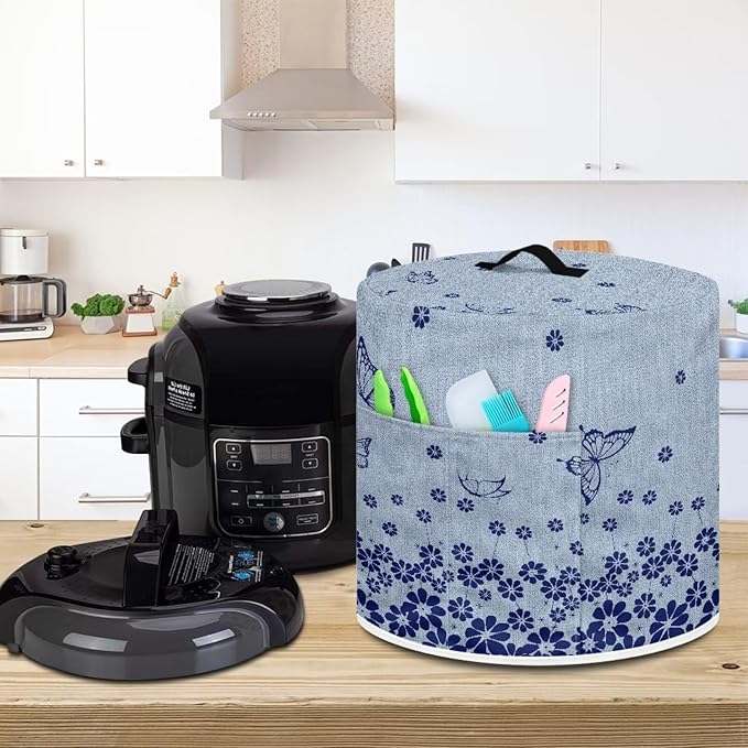 TODIYADDU Blue Floral Butterfly Pressure Cooker Cover with Handle Fashion Kitchen Appliance Dust Covers for Instant Pot Portable Air Fryer Dust Cover Round Protective Cover Bag Trendy Home Decor