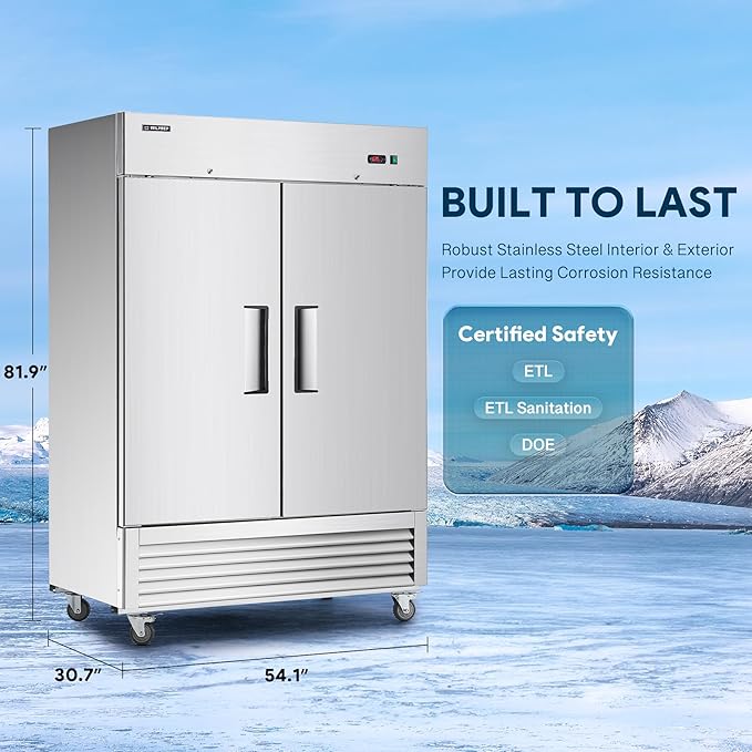 Wilprep 54" W Commercial Freezer 2 Door 2 Section Upright Freezer Stainless Steel Reach-in Solid Door Upright Fan Cooling 42.2 Cu.ft Freezer for Restaurants, Bars, Shop, ETL-Listed