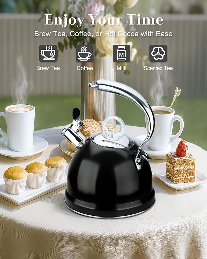Harriet Tea Kettle Stovetop, 2.5 QT Whistling Stainless Steel Teapot, 3-Layer Base, Unique Ergonomic Handle, Includes Pot Holder & Mat, Electric/Induction/Gas Stovetops Applicable, Black