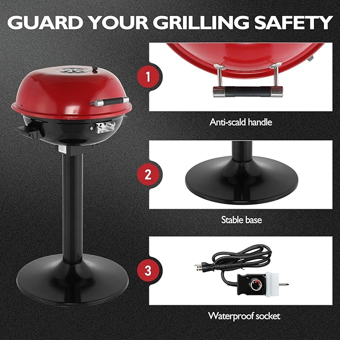 Outvita Indoor/Outdoor Electric Grill, 1600W Portable Removable Stand Grill with Double Layer Design for BBQ, Patio & Backyard (Red)