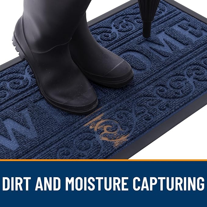 OLANLY Welcome Door Mat Indoor Outdoor Entrance, Heavy Duty Sturdy Front Door Mat, Waterproof All-Weather Doormat, Stain Resistant, Low Profile, Easy Clean Patio Entryway Mat, 59 x 35, Navy Blue