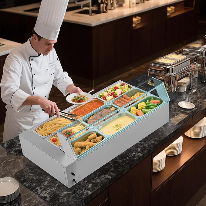VEVOR Commercial Food Warmer, 1500W Electric Stainless Steel Steam Food Warmer with Glass Cover, 9-Pan Countertop Buffet Bain Marie with Soup & Perforated Ladles, for Catering, Restaurant & Party