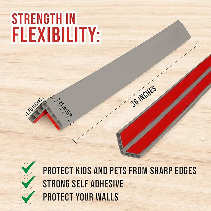 Rubber Bond Wall Corner Guard Edge Protector - 1x1x36 inch Baby Proofing Corner Guards - Self-Adhesive Furniture Edge Strips for Home and Office (15 Pack, Gray)