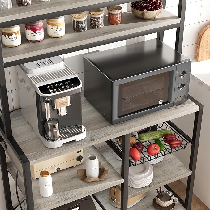 Garvee 5-Tier Bakers Rack with Wire Basket, Microwave Stand with Built-in Power Outlets, Coffee Bar Station, and Open Kitchen Shelving for Spices, Dishes and Pots, Gray