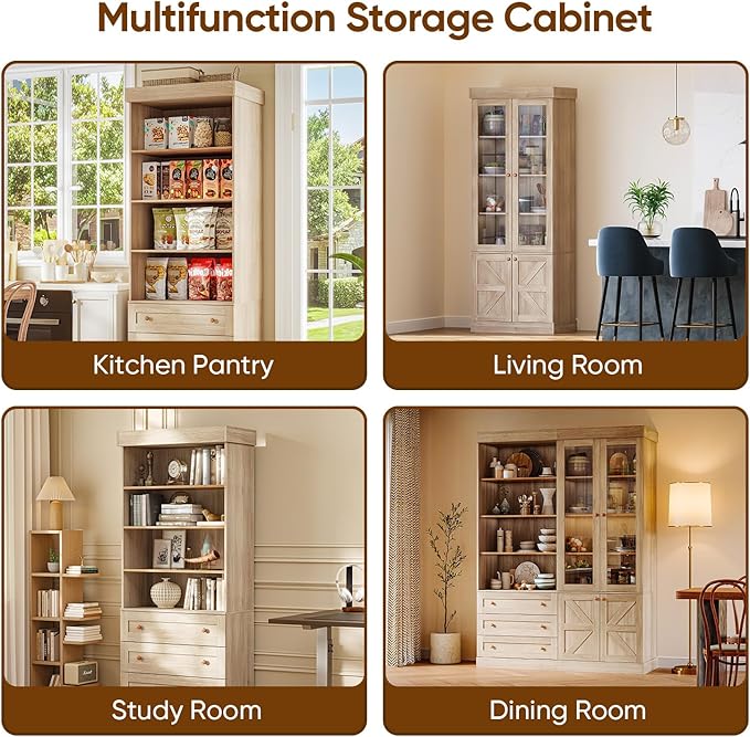Vyre 71" Tall Farmhouse Kitchen Pantry, Large Storage Cabinets with Glass Doors, Freestanding Wood Hutch Cabinet with 3 Drawers & Adjustable Shelves for Living Room & Dining Room, Brown, Set of 3