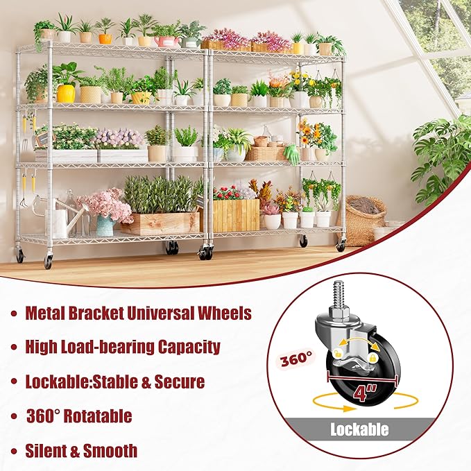 PrimeZone 4 Tier 55.5" Wx24 Dx76 H Wire Shelving with Wheels 2400lbs NSF Certified Storage Shelves Heavy Duty Metal Shelf Adjustable Rolling Rack Commercial Garage Restaurant Warehouse Chrome 4Pack