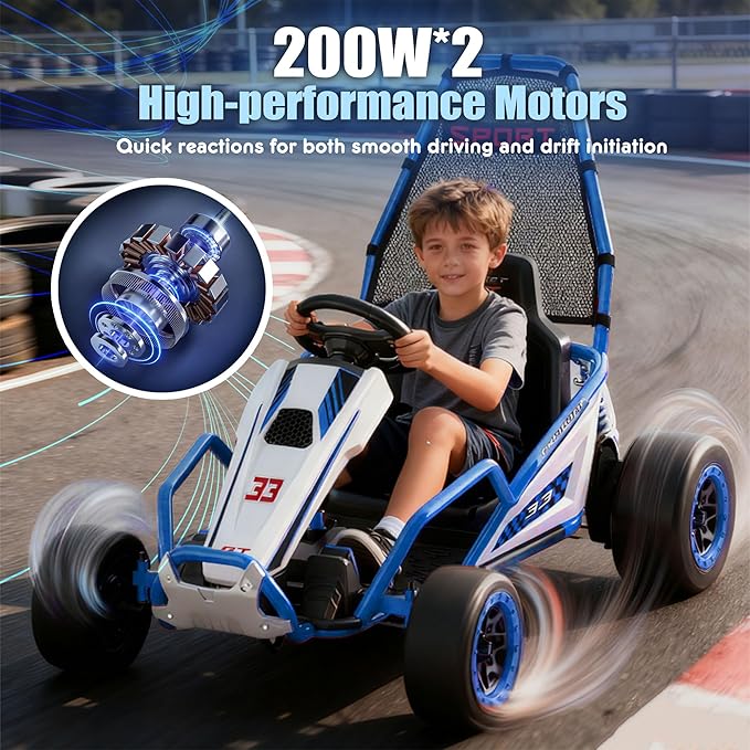 24V 8.5 MPH Electric Go Kart for Kids, 400W Powerful Drift Kart w/Front EVA Wheel & Metal Frame, Ride on Toy w/Music & Lights, Suspension, 2 Speed, 5 Point Harness, Crazy Cart for Ages 6+, Blue