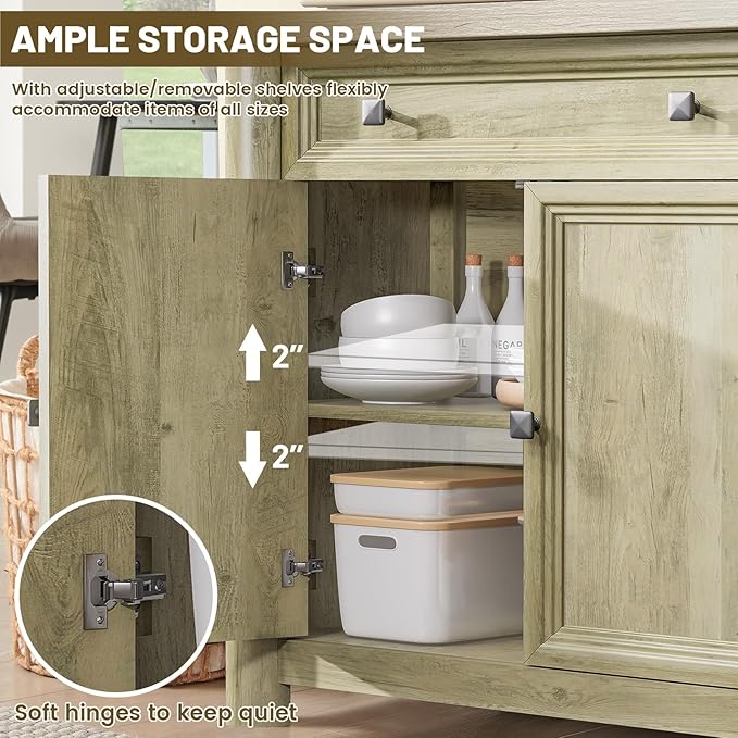 Farmhouse Buffet Cabinet with Storage, 59" Large Sideboard Credenza with Adjustable Shelves & 4 Doors, Wood Rustic Kitchen Coffee Bar Console for Table Living Room, Natural