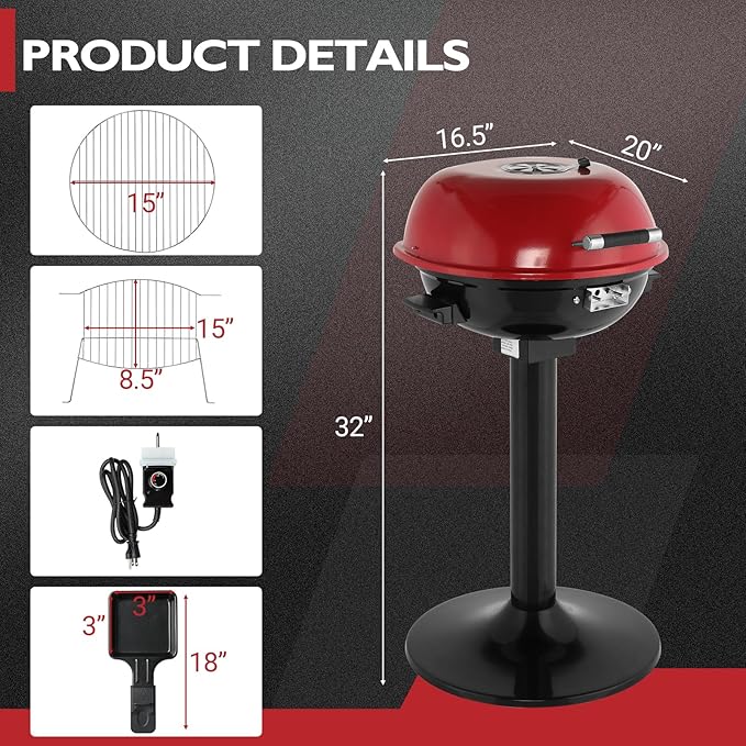 Outvita Indoor/Outdoor Electric Grill, 1600W Portable Removable Stand Grill with Double Layer Design for BBQ, Patio & Backyard (Red)