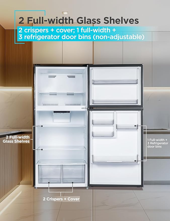 BLACK+DECKER 20.1 Cu. Ft. Top Mount Refrigerator with Freezer, 2 Door Fridge with Top Freezer and Adjustable Temperature Control, Full Size Kitchen Refrigerator, ENERGY STAR, BR2010JS, Stainless Look