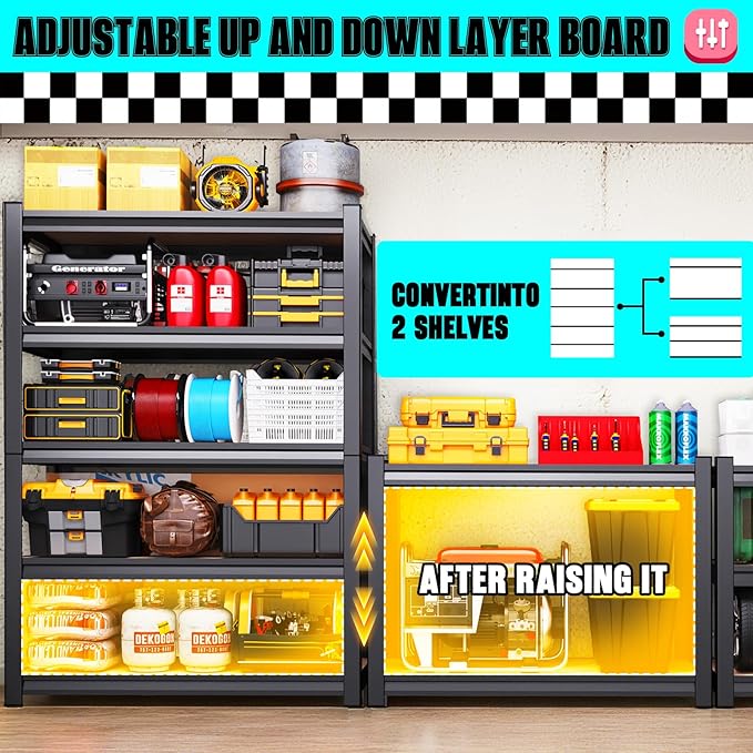 Garage Shelving 5-Tier Adjustable Metal Garage Shelves Heavy Duty Unit,3000 LBS Steel Shelf Storage Rack Suitable for Industries,Warehouses,Basement,Black(Wood-72'H x 45.7''W x 19.7''D)