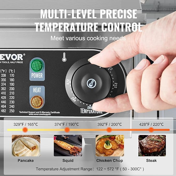 VEVOR Upgraded Commercial Electric Griddle, 2800W Countertop Half-Flat Top Grill, 122℉-572℉ Adjustable Temp, 29'' Stainless Steel Griddle Grill for Home or Restaurant(No Plug)