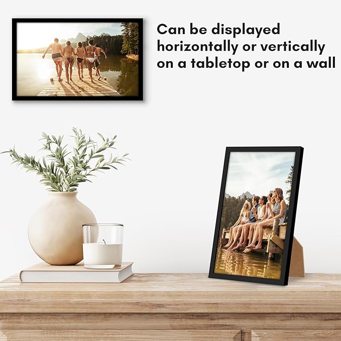 Americanflat 6x10 Picture Frame with Shatter-Resistant Glass - Streamline Collection - Thin Border Photo Frame for Tabletop and Wall Display - Hanging Hardware and Easel Stand Included - Black