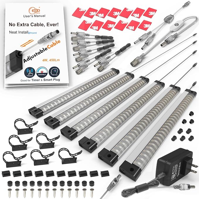 LED Under Counter Lights for Kitchen Touch Under Cabinet Lighting Built-in Adjustable Cable No Messy Wires! 6 Pcs Cabinet Light 3000K 2700Lm 5 External-Cable for Garage Pantry Closet Timer Smart Plug