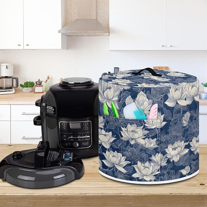 Insulated Pressure Cooker Appliance Cover, Also Fit for Rice Cooker, Air Fryer and Crock Pot, 8 Qt Dust Cover with Pocket for Spoon/Cooking Utensils/Recipes, Machine Washable, Blue Lotus