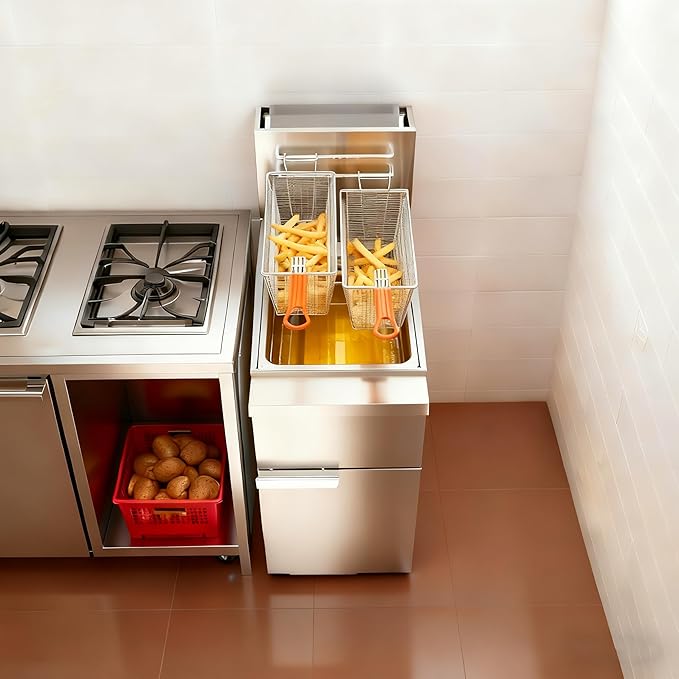 Commercial Natural Gas Deep Fryer, 120,000 BTU Stainless Steel Gas Floor Fryer with 2 Baskets, 50 LBS Capacity, 200°F-400°F, 4 Heating Tubes (Silver)