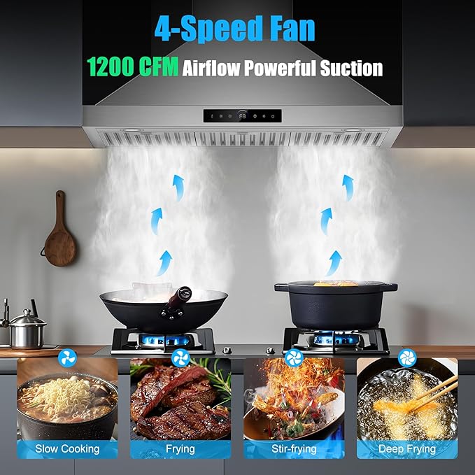 36 inch Range Hood Wall Mount, 1200 CFM with 4-Speed Gesture Sensing & Touch Control, Stainless Steel Ducted Kitchen Stove Vent Hoods with 2 LED Lights, Time Setting, Dishwasher-Safe Baffle Filters