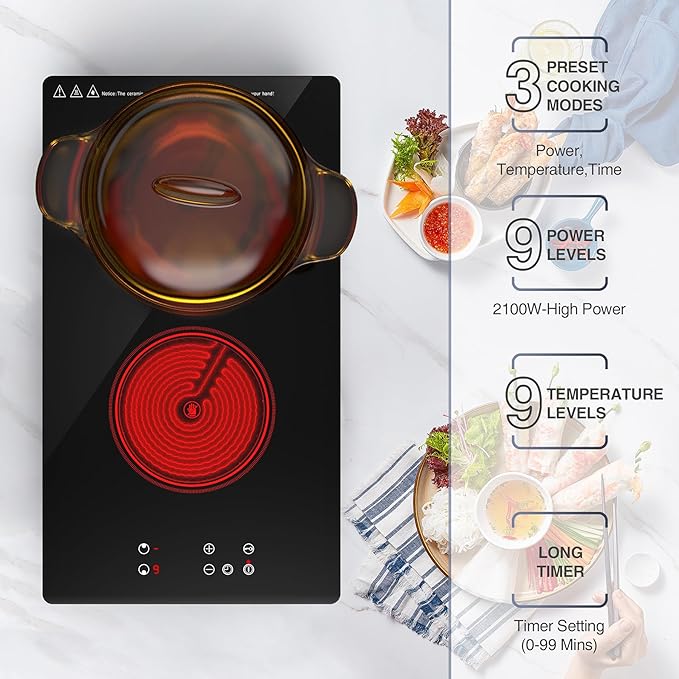 Electric Cooktop,Built-in and Countertop Electric Stove Top, 2100W 110V Electric Burner 9 Heating Level, Timer & Kid Safety Lock, Sensor Touch Control 2 Burner Electric Cooktop.