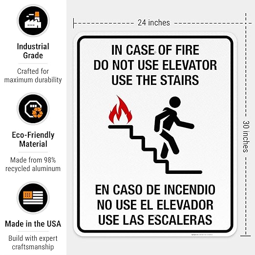 in Case of Fire Do Not Use Elevator Use The Stairs Bilingual Sign, Fire Safety Sign, 24x30 Inches, 3M EGP Reflective .080 Aluminum, Fade Resistant, Indoor/Outdoor Use, Made in USA