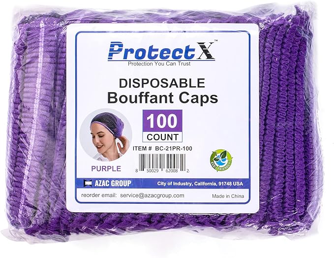 ProtectX Disposable Bouffant (Hair Net) Caps Hair Head Cover Nets 21” (Purple 100 pack)