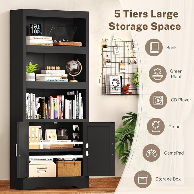 Book Shelf and Bookcase with Doors, 5-Tier Display Storage Cabinet with Adjustable Shelves, Open Compartments, Remote Control LED Lights, Tall cabinet for Bathroom Kitchen Living Room, Home Office