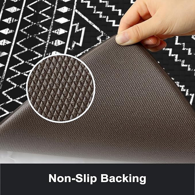 KIMODE Anti Fatigue Kitchen Mat,Black Boho Kitchen Rugs Non Slip Sets of 2,Kitchen mats for Floor Cushioned,Morocco Geometric Memory Foam Cushioned Standing Mats for Sink,Laundry,Office