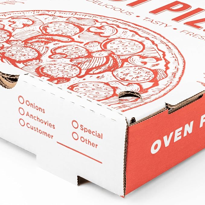 Karat Pizza Boxes 10" x 10" [50 Pack] Classic Red Print Corrugated Boxes | Ventilated, Grease-Resistant, Durable for Pizza or Mailing Use