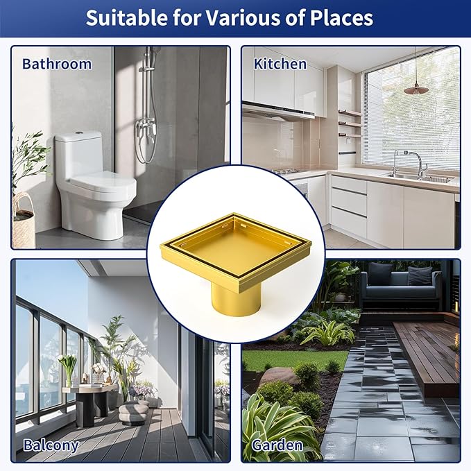 Square Shower Drain 4", Brushed Gold Floor Drain with Tiled Insert Grate & Hair Strainer, 304 Stainless Steel Bathroom 2-in-1 Tiled in Drain, CUPC Certified (Brushed Gold, 4'')