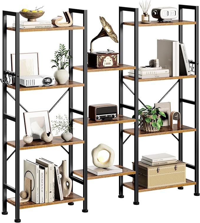 Furologee Triple 4 Tier Bookshelf, Bookcase with 11 Open Display Shelves, Wood and Metal Shelf Storage Organizer,Industrial Wide Shelving Unit for Living Room,Home Office,Rustic Brown
