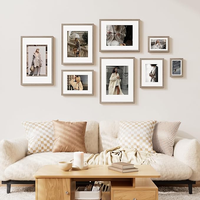 Vittanly 8x10 Picture Frame Set of 2, Solid Wood Frame for Wall or Tabletop, Display Photo 5x7 with Mat or 8x10 without Mat, Light Brown
