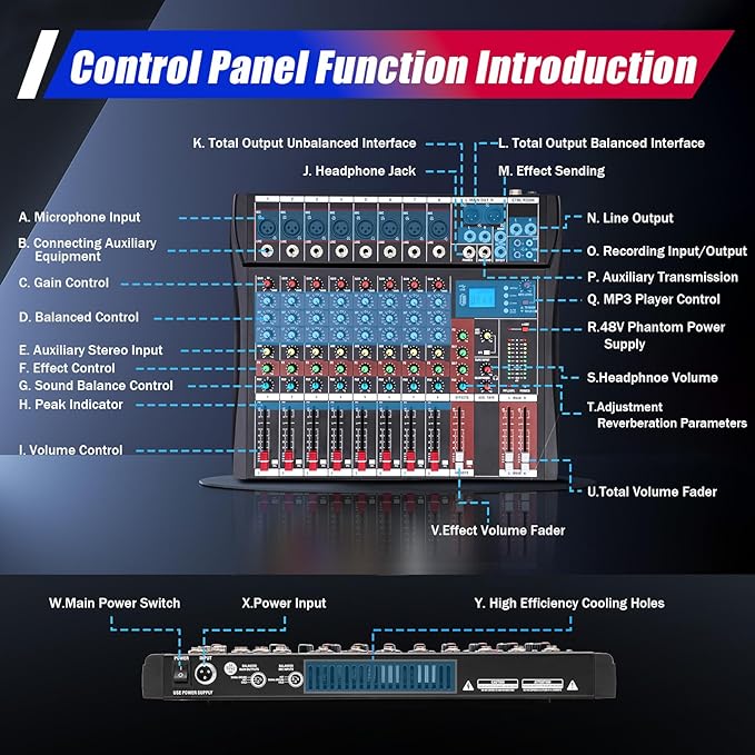 8 Channel Professional Audio Mixer, DJ Controller Sound Mixer Bluetooth Compatible Bluetooth Sound Board DJ Mixers with 48V Phantom Power USB Interface Stereo Mixing Console