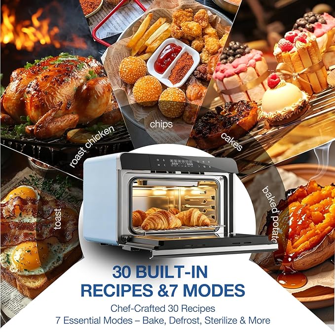 ROBAM Countertop Combi Steam Oven, 20-in-1 Multifunction Air Fryer, Convection Steam Roast & Bake, Multi-Stage Cooking, Self-Clean, Heat-Resistant, 7 Modes, 30 Built-In Recipes CT763 (Blue)