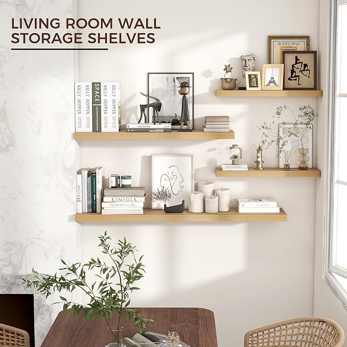 Floating Shelves for Wall 36"W x 7.8"D x 1.5"H, Engineered Wood Wall Shelves with Invisible Brackets for Living Room Bedroom Bathroom Office Kitchen Decor and Storage, Oak Finish, Set of 2
