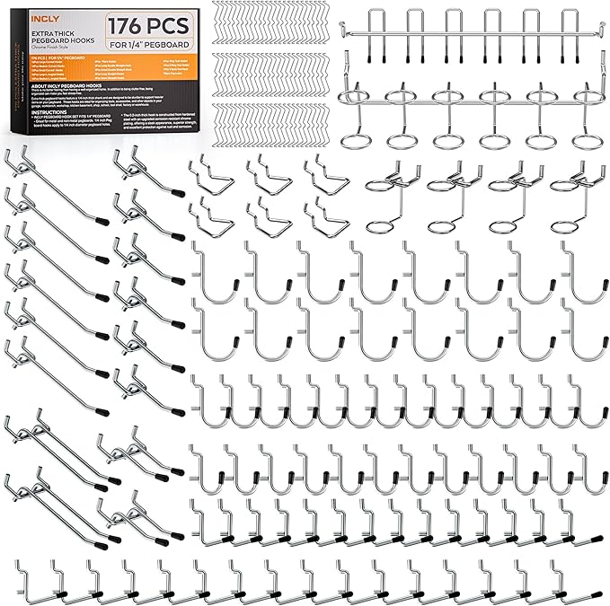 INCLY 176PCS Extra Thick Pegboard Hooks, 1/4" Heavy Duty Metal Peg Board Hooks Assortment with Peg Locks Pegboard Accessories Kit for Garage Wall Organizer Hanging Tools