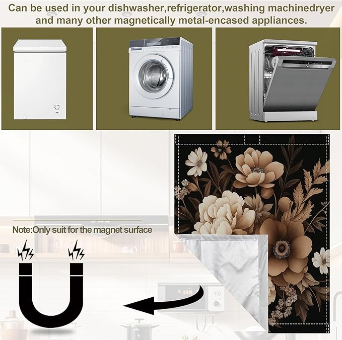 Brown Black Flower Dishwasher Magnet Cover,Artistic Kitchen Decor Waterproof Refrigerator Magnet Appliance Cover Protector,23Wx26H Inches