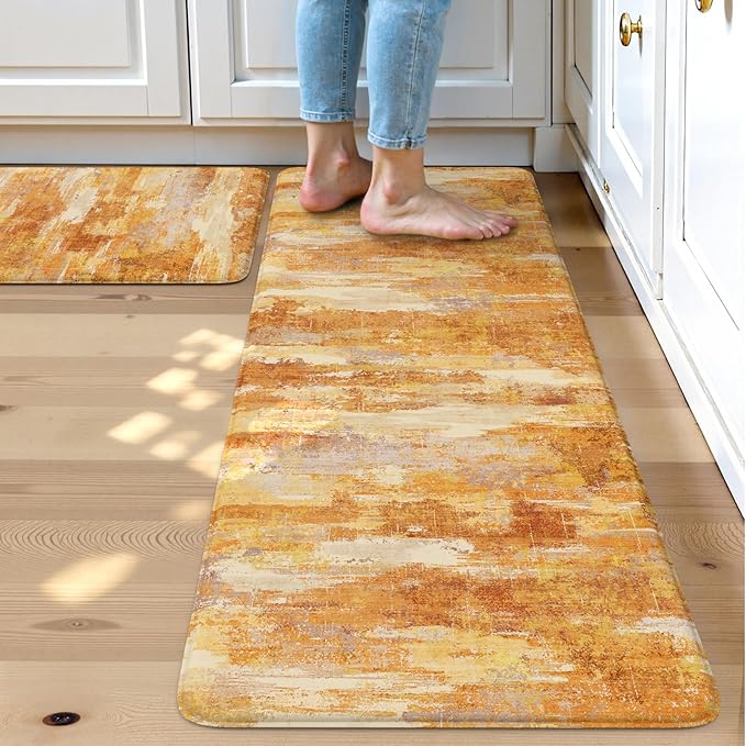 Collive Kitchen Mats for Floor 2PCS, Fall Abstract Cushioned Anti Fatigue Mat Non Slip Waterproof Kitchens Sink Rug, Orange Modern Comfort Standing Mat for Desk, Bar, Home Decor, 17"x47"+17"x29"