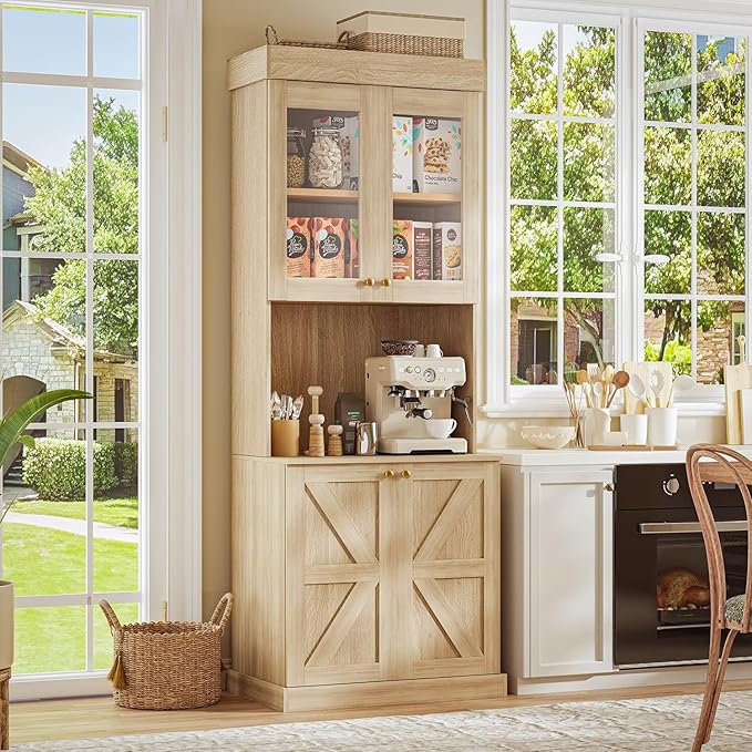 71" Tall Farmhouse Kitchen Pantry, Large Storage Cabinet with Glass Doors and Drawers, Freestanding Coffee Bar Hutch with Microwave Stand, Adjustable Shelves for Kitchen, Living Room, Brown 2 Pcs