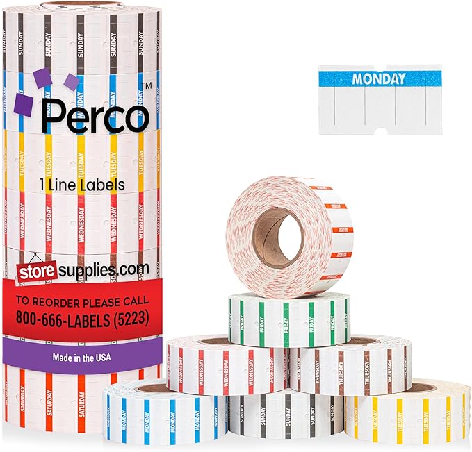 Perco 1 Line Day of The Week Labels - 7 Rolls (Full Week), 1 Sleeve, 7,000 Blank Dating Labels for Perco Lite, X, Plus and Pro 1 Line Date Guns