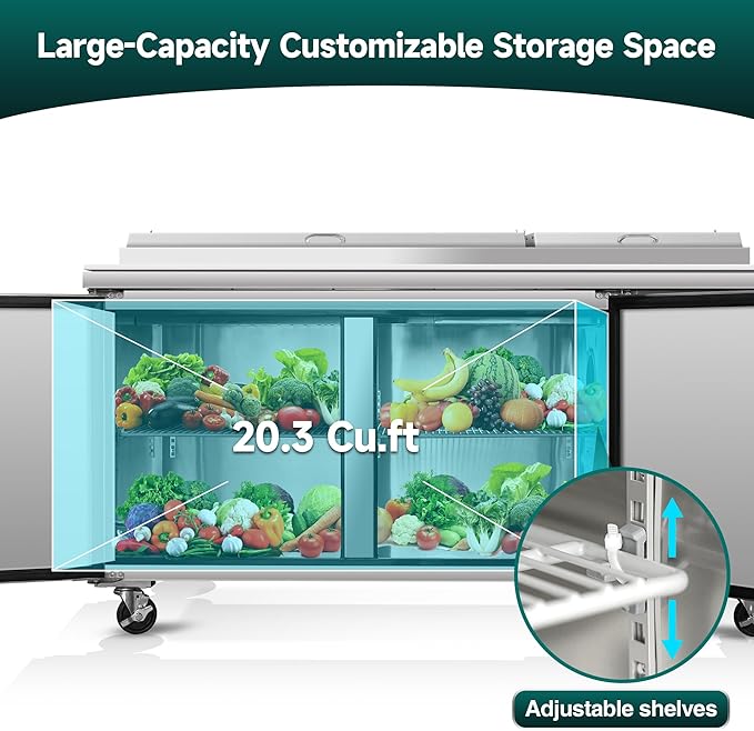 67" Commerical Pizza-Sandwich Prep Table Refrigerator - Double Door Stainless Steel Refrigerator, 21 Cu.ft Capacity, Low Noise, Adjustable Shelves, Auto Defrost, Digital Temp Control