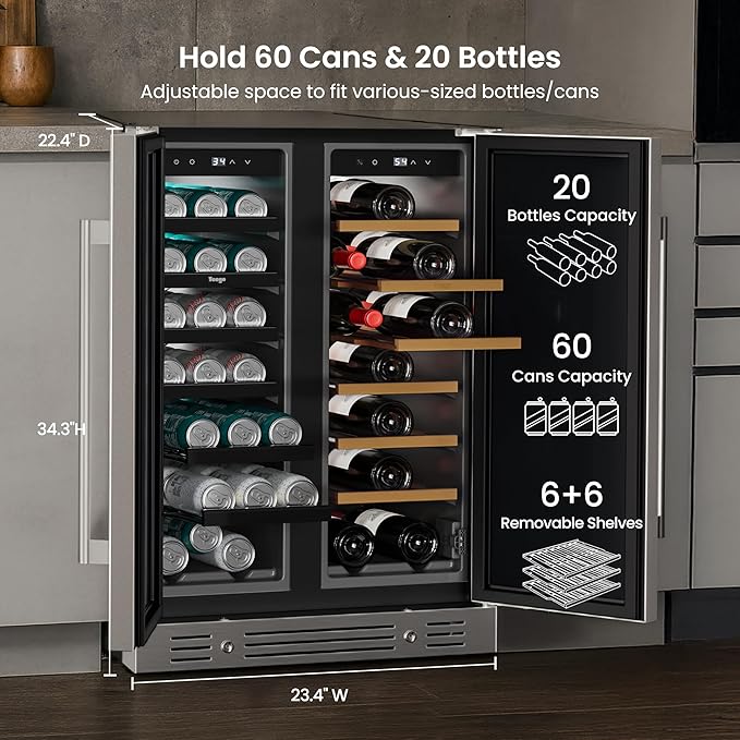 Yeego 24 Inch Wine and Beverage Cooler - 34-65°F, Holds 60 Cans & 20 Bottles Adjustable Shelves Beverage Fridge, Stainless Steel Door with Lock for Built-in in Kitchen, Patio, Bar & Outdoor Use
