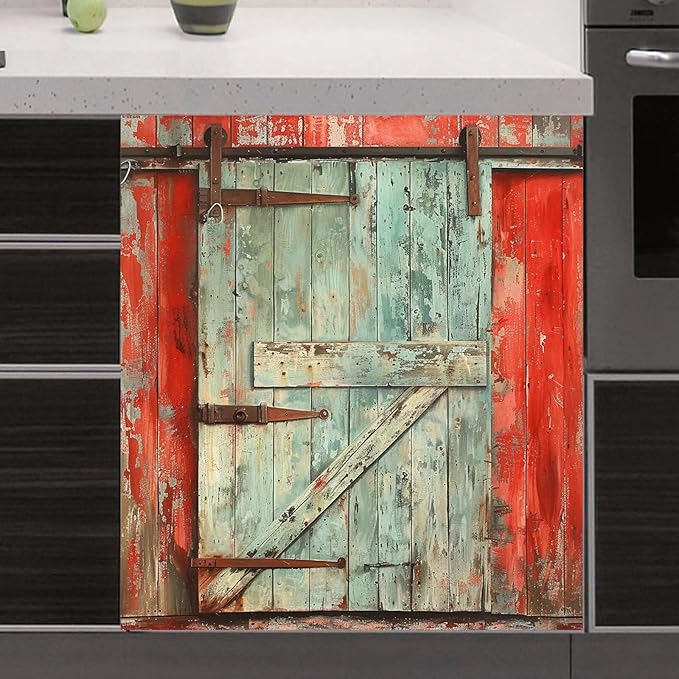Paint Peeling Wood Door Dishwasher Decorative Cover, Vintage Barn Door Fridge Panel Decal, Dishwasher Skin Cover Sticker 23" W x 26" H Ordinary