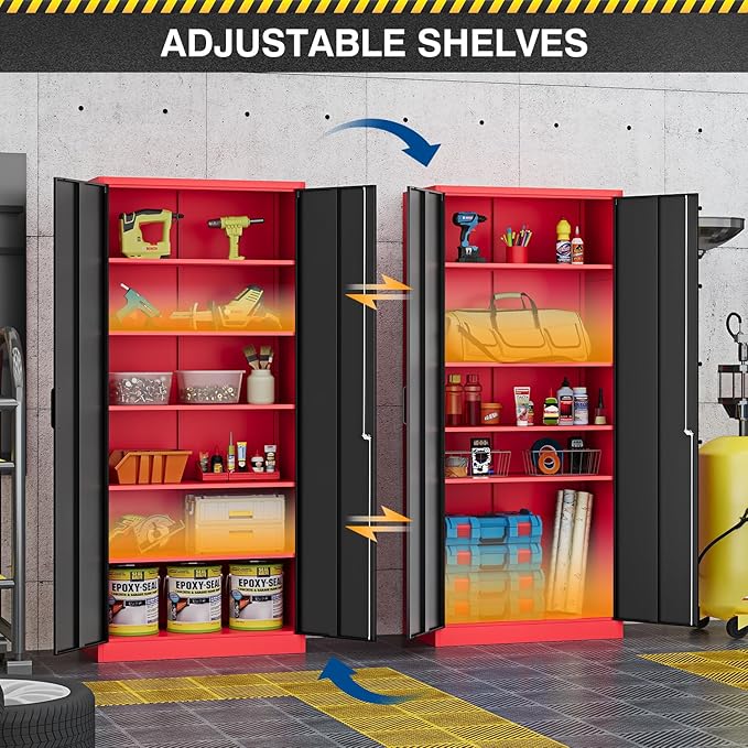 Metal Storage Cabinet-71” Tall Steel File Cabinets with Lockable Doors and Adjustable Shelves-Black&Red Steel Storage Cabinet for Home, School, Office, Garage