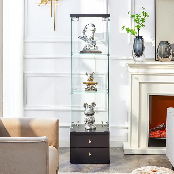 Yoluckea 3 Shelves Glass Display Cabinet with 2 Soft-Close Storage Drawers, Curio Collection Glass Display Case with Door & Lock, Floor Standing Bookshelf Corner Cabinet for Book Toys Glory (Black)