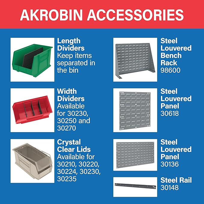 Akro-Mils 30224 AkroBins Plastic Storage Bins, Space-Saving Stackable Bins for Garage, Pantry, Craft Organization, 11" L x 4" W x 4" H, Red, 12-Pack