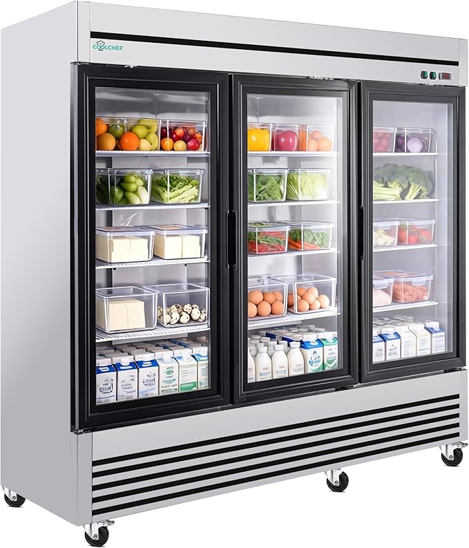 COOLCHEF 81" Commercial Glass Door Refrigerator, 72 Cu.Ft Triple-Door Reach-In Cooler, 33–40℉, Triple-Layer Low-E Glass, 12 Shelves, R290