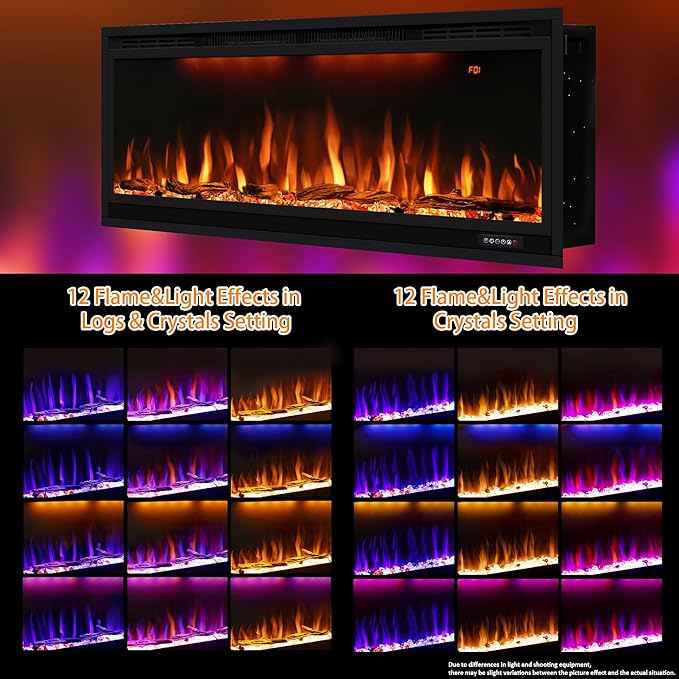 42 inch Smart Electric Fireplace with App Control, Wall Mount & in Wall recessed Fireplace Inserts, Multicolor Flame w/Realistic Log &Crystals, Overheating Protection and Timer, 750W/1500W, Black