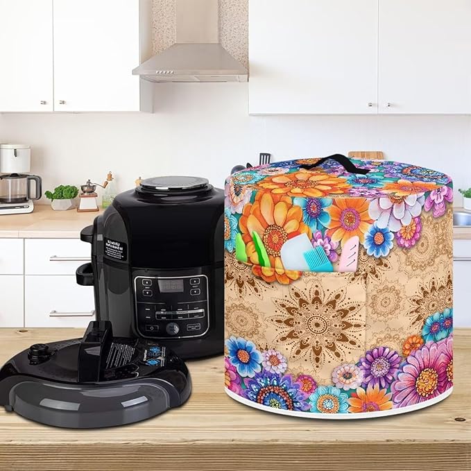 TODIYADDU Vintage Hippie Flower Electric Pressure Cooker Cover Round Protective Cover Bag with Pocket and Handle for Instant Pot or Rice Cooker Kitchen Small Appliance Dust Covers Holiday Presents, L